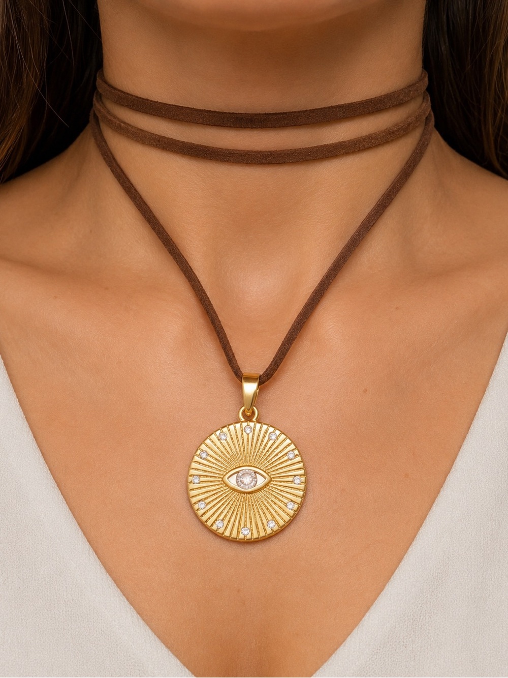 Gold Eye Medallion Pendant Necklace - Brown Cord 18K Real Gold Plated